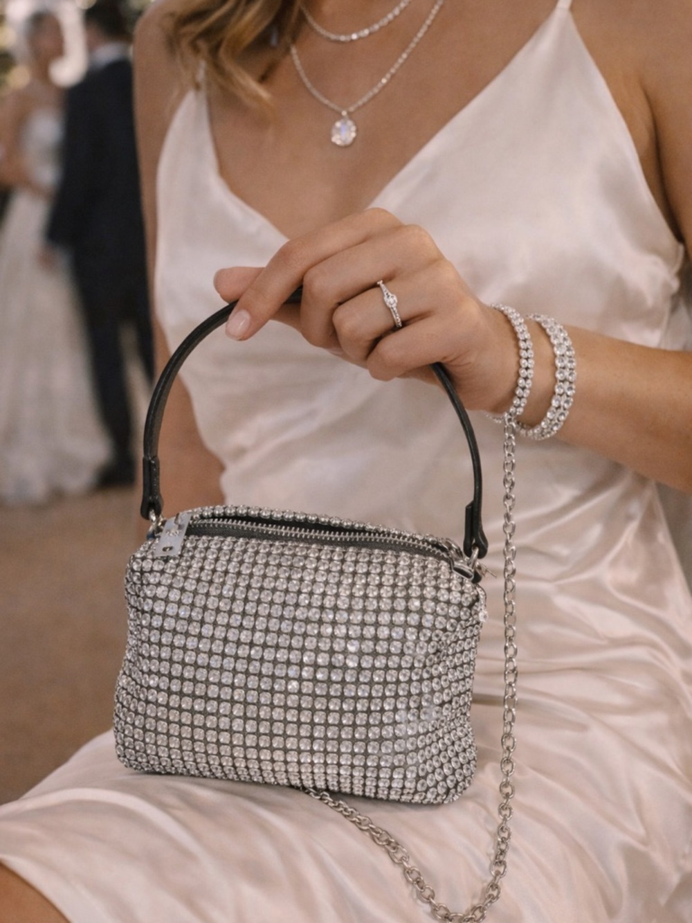 Caleesa Silver Rhinestone Mini Bag  Sparkly Top Handle Evening Clutch Glam - Picture 2 of 8